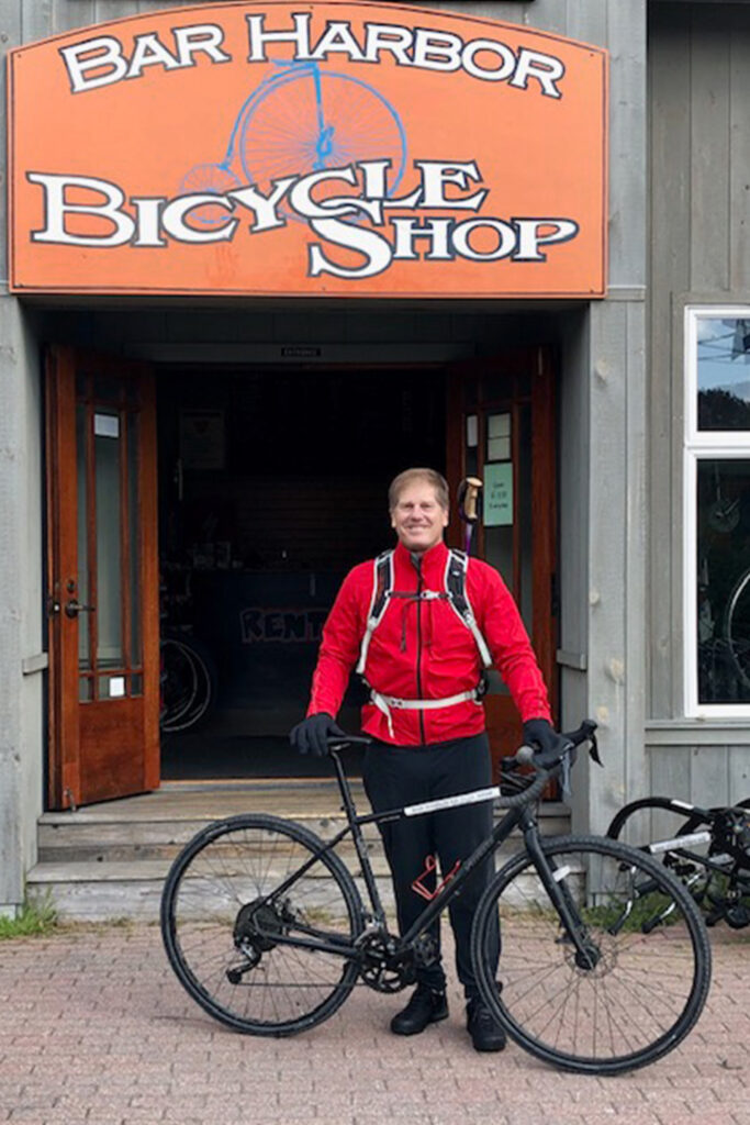 Peter Hinman outside Bicycle Shop Bar Harbor Maine