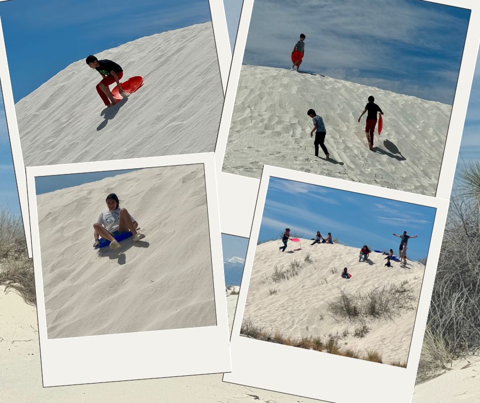 series of images of people sleddiomg on the white sanda