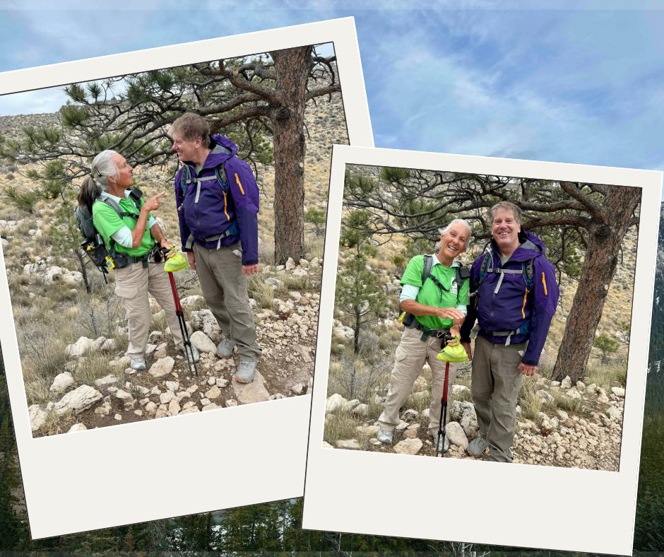 two photos with a man and a woman talking and posing on the guadalupe peak trail